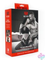 Adjustable black strap-on harness with silicone dildo and three O-rings by Sei Mio