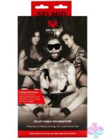 Five-piece black hog-tie bondage restraint set with collar, leash, blindfold, ball gag, and flogger by Sei Mio