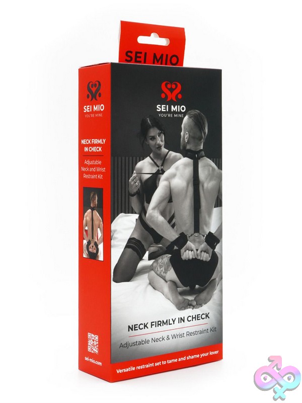 Discreet-Toys-Sei-Mio-Neck-Firmly-In-Check-Restraint-Kit-Nu-Sm-007 Adjustable Black Neck And Wrist Restraint Kit With Padded Cuffs By Sei Mio