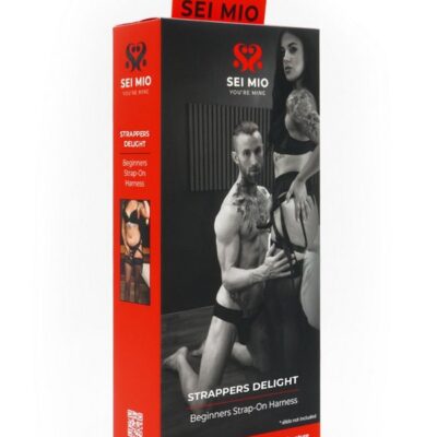 Adjustable black strap-on back harness with silicone O-rings by Sei Mio