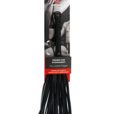 Black faux leather flogger with wrist loop and non-slip handle by Sei Mio