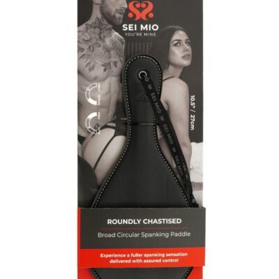 Black round faux leather spanking paddle with wrist loop by Sei Mio