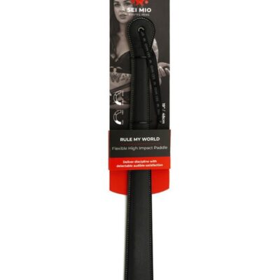 Flexible black faux leather spanking paddle with wrist loop by Sei Mio