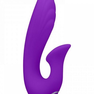 Curved purple silicone dual-motor rabbit vibrator with ridged G-spot shaft and clitoral arm by Selfie Intimate Toys