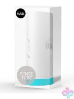 Sensetube VR-compatible vibrating male masturbator in black and white on a dark surface
