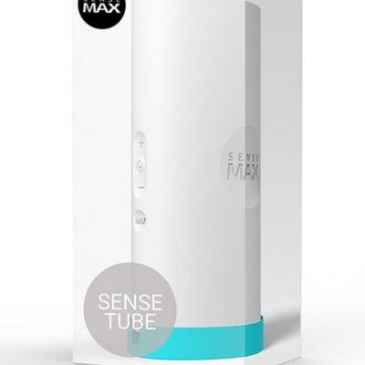 Sensetube VR-compatible vibrating male masturbator in black and white on a dark surface