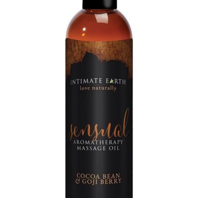 Intimate Earth Sensual Massage Oil Cocoa Bean and Goji Berry 120ml orange bottle by Intimate Earth