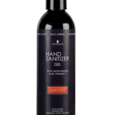Sensuva citrus-scented hand sanitizer gel 8.12 oz black bottle with Vitamin E and 80% ethyl alcohol
