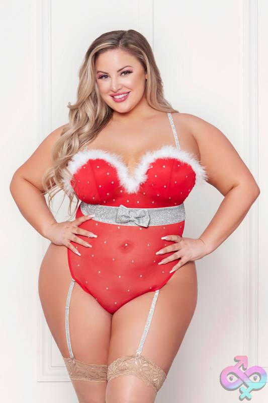 Discreet-Toys-Seven-Til-Midnight-Rhinestone-Studded-Mesh-Teddy-With-Marabou-Trim-3X-4X-Red-Stm-11470Xr3X4 Rhinestone Studded Mesh Teddy With Marabou Trim - 3X/4X - Red - Image 1