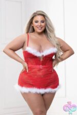 Two Piece Lace and Stretch Satin Chemise With Marabou Trim and G-String Set - 3x/4x - Red