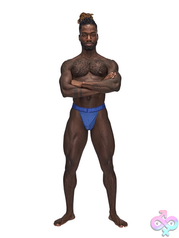 Discreet-Toys-Sexagon-Micro-V-Thong-Royal-S-M-Nu-454269Rysm Blue Men'S Micro V Thong With Hexagon Print Fabric And Branded Elastic Waistband By Male Power