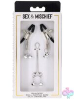 Adjustable silver-tone nipple and clit clamp jewelry set with dual bells by Sportsheets