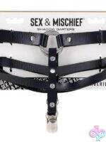 Dual-strap black faux leather garters with silver O-ring hardware by Sportsheets