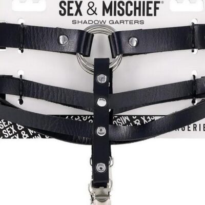 Dual-strap black faux leather garters with silver O-ring hardware by Sportsheets