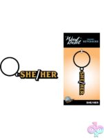 Glittery gold She/Her pronoun enamel keychain on metal ring by Wood Rocket