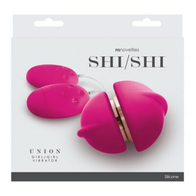 Shi/Shi Union girl-girl couples vibrator in pink and black silicone on neutral background