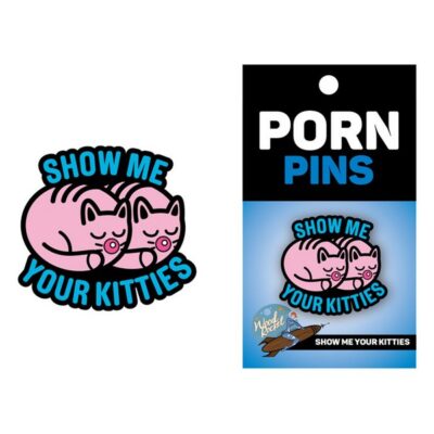 Pink soft enamel Show Me Your Kitties lapel pin by Wood Rocket