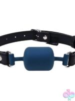 Blue silicone barrel gag by Sportsheets on black faux leather strap with silver hardware