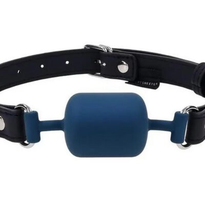 Blue silicone barrel gag by Sportsheets on black faux leather strap with silver hardware
