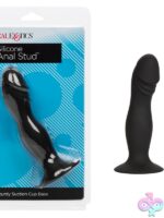 Black satin-finish silicone anal stud butt plug with suction-cup base by California Exotic Novelties