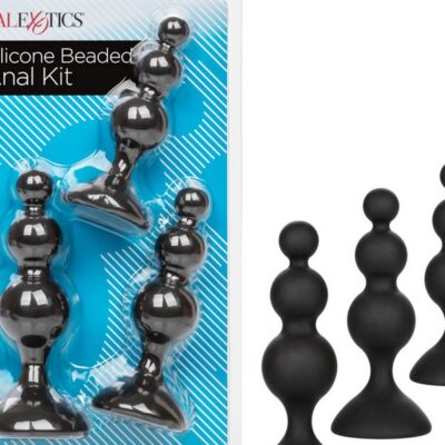 Three-piece graduated beaded anal training kit in black silicone by California Exotic Novelties