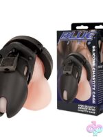 Body-safe silicone chastity cage with adjustable rings and locking pin in black and white