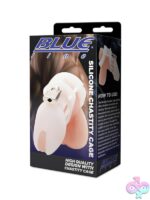 Body-safe silicone chastity cage with adjustable rings and locking pin in black and white
