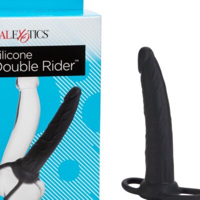 Black silicone double penetration rider with dual rings and realistic textured shaft by California Exotic Novelties