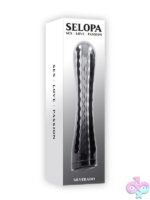 Slender black chrome-finish rechargeable vibrator with textured grip and bulbous tip by Selopa