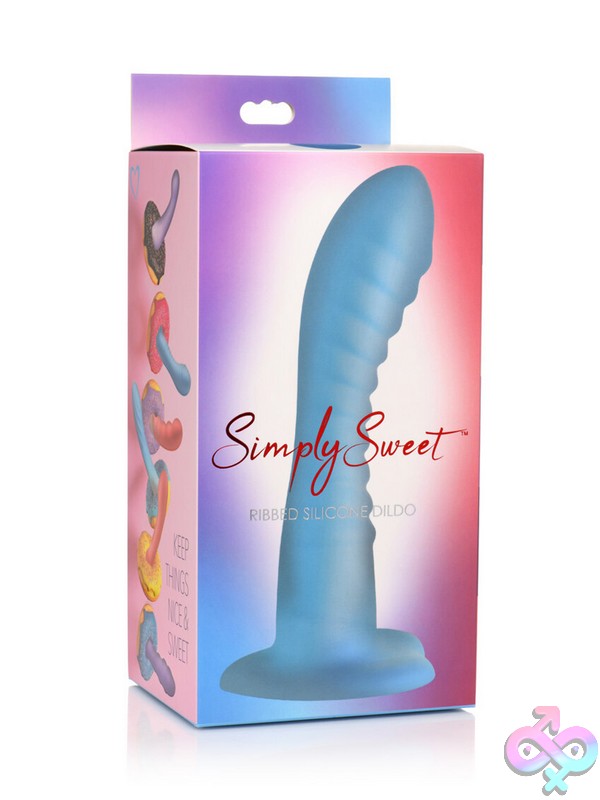 Discreet-Toys-Simply-Sweet-Ribbed-Silicone-Dildo-Blue-Nu-Cn-11-0413-48 Ribbed Blue Silicone Dildo With Heart-Shaped Suction Cup Base By Curve Novelties