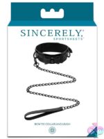Black faux leather bow tie collar and leash set by Sportsheets against a clean background