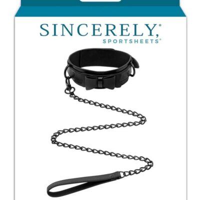 Black faux leather bow tie collar and leash set by Sportsheets against a clean background