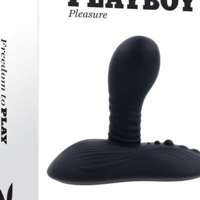 Vibrating spinning ride-on toy with suction cup base and remote control in black by Playboy Pleasure