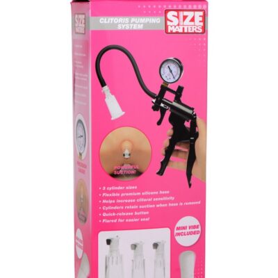 Black clitoral pumping system with three acrylic cylinders, silicone hose, and pressure gauge by Xr - Size Matters