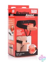 Beige hollow strap-on harness with adjustable snap-close straps and textured realistic silicone shaft by Xr Size Matters