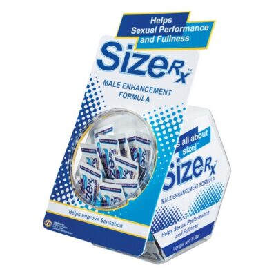 50-count fishbowl display of Size Rx topical enhancement lotion sample packets by Body Action