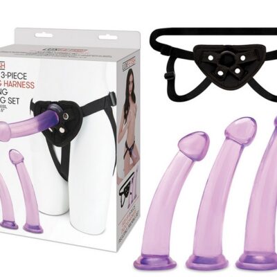 Three graduated curved purple dildos with adjustable strap-on harness pegging training set by Lux Fetish