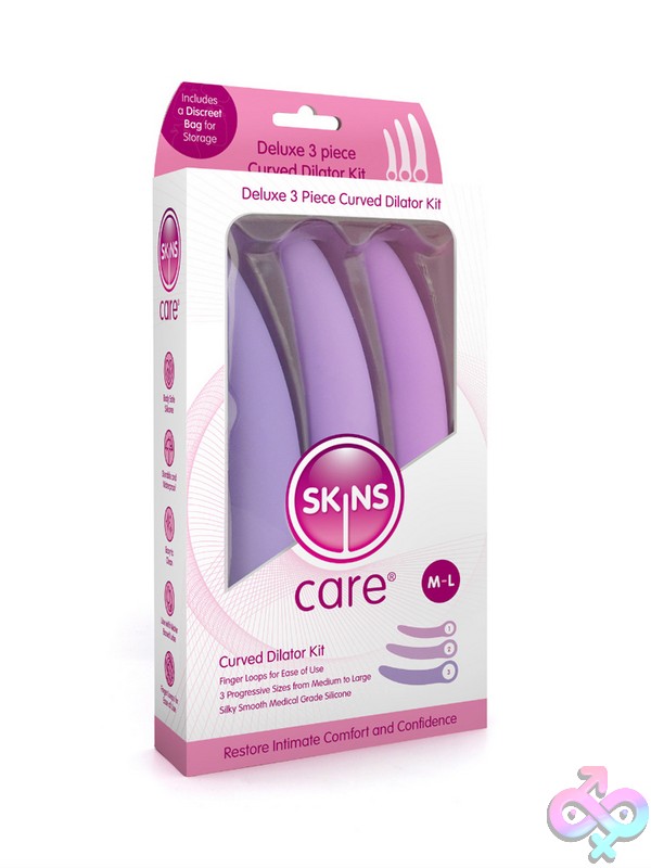 Discreet-Toys-Skins-Care-Curved-Dilators-3Pc-Set-M-L-Nu-Skcdilc3Ml Skins Care Curved Silicone Dilator 3-Piece Set In Pink And Purple On A Clean White Background