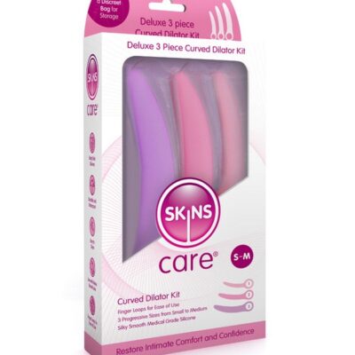Skins Care curved silicone dilator 3-piece set in pink and purple on a clean white background