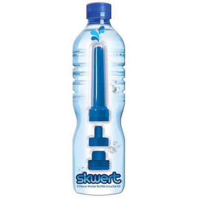 Soft-touch silicone water bottle douche kit with ABS adapters and storage cap by Skwert