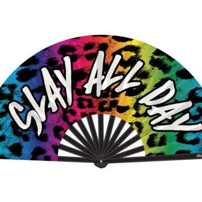 Large rainbow leopard print satin folding hand fan by Wood Rocket