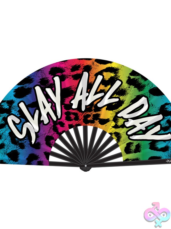 Discreet-Toys-Slay-All-Day-Fan-Nu-Fan-010 Large Rainbow Leopard Print Satin Folding Hand Fan By Wood Rocket