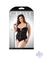 Black cropped bustier and high waisted panty set with metal accents and molded underwire cups by Fantasy Lingerie
