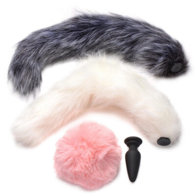 Snap On Silicone Anal Plug And 3 Interchangeable Tails By Xr Brands — Pink Rabbit, Gray Fox, White Fox Tails