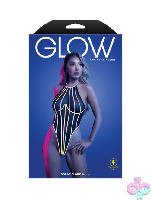 Black Halter-Tie Teddy With Flash-Reflective Binding On A Female Model, Solar Flare By Fantasy Lingerie