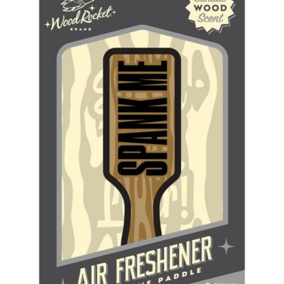 Paddle-shaped sandalwood scented cardboard air freshener in brown by Wood Rocket
