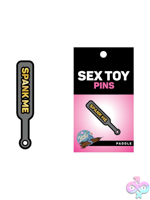 Discreet-Toys-Spank-Me-Paddle-Pin-Nu-Ept-007 Gray And Gold Enamel Spank Me Paddle Lapel Pin By Wood Rocket