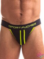 Sport Fucker Jersey Jock in black and green cotton-spandex by 665 Leather, XL waistband detail
