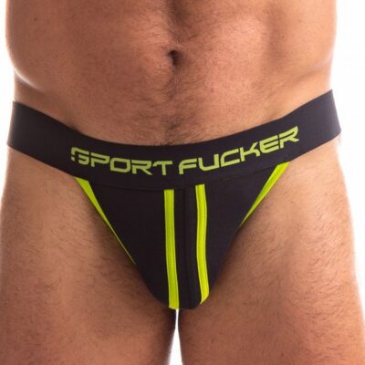 Sport Fucker Jersey Jock in black and green cotton-spandex by 665 Leather, XL waistband detail