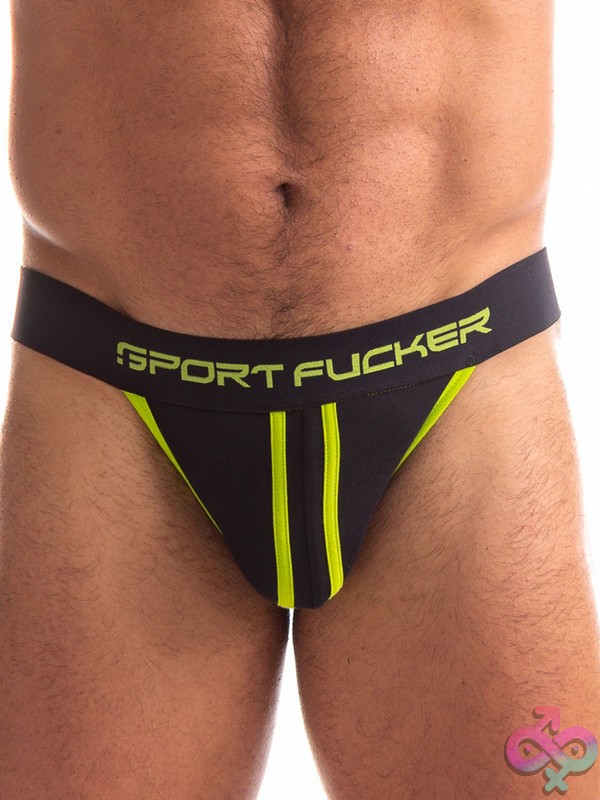 Discreet-Toys-Sport-Fucker-Jersey-Jock-Black-Green-Xl-Nu-65L-22573 Sport Fucker Jersey Jock In Black And Green Cotton-Spandex By 665 Leather, Xl Waistband Detail